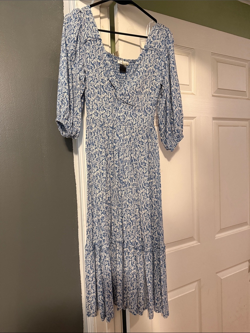 Blue Floral Maxi Dress with V-Neck and Smocked Waist